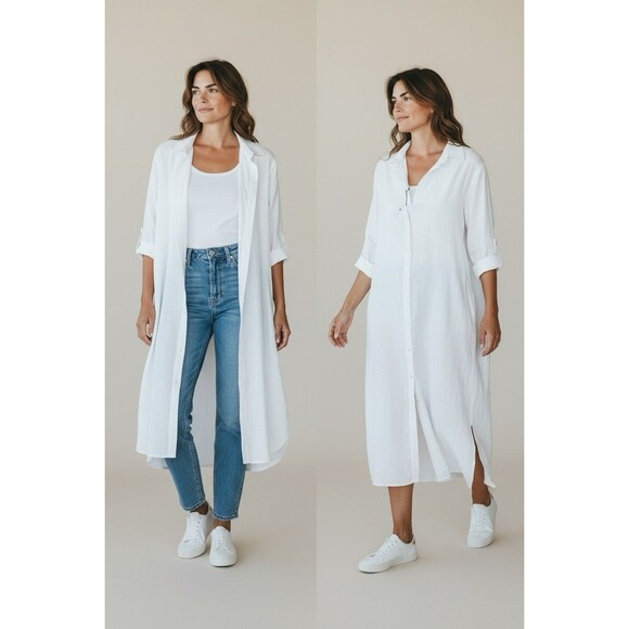 Sopliagon White Button Down Long Shirt Dress Linen Blend Tunic Size Medium NWT - Picture 1 of 8